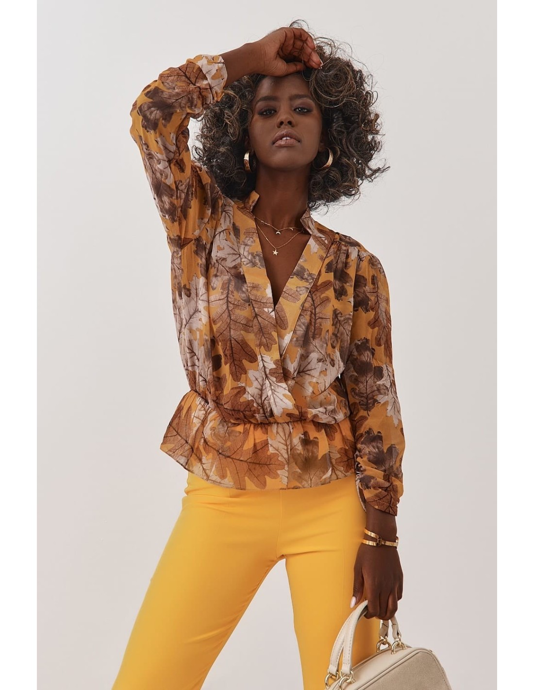 Envelope blouse with plant motifs, mustard 02048 - Online store - Boutique